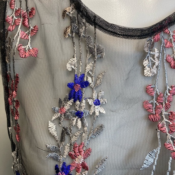 Black Sheer Floral Embroidered Twinkle Top S Festival Club Sexy Romantic - Picture 3 of 5